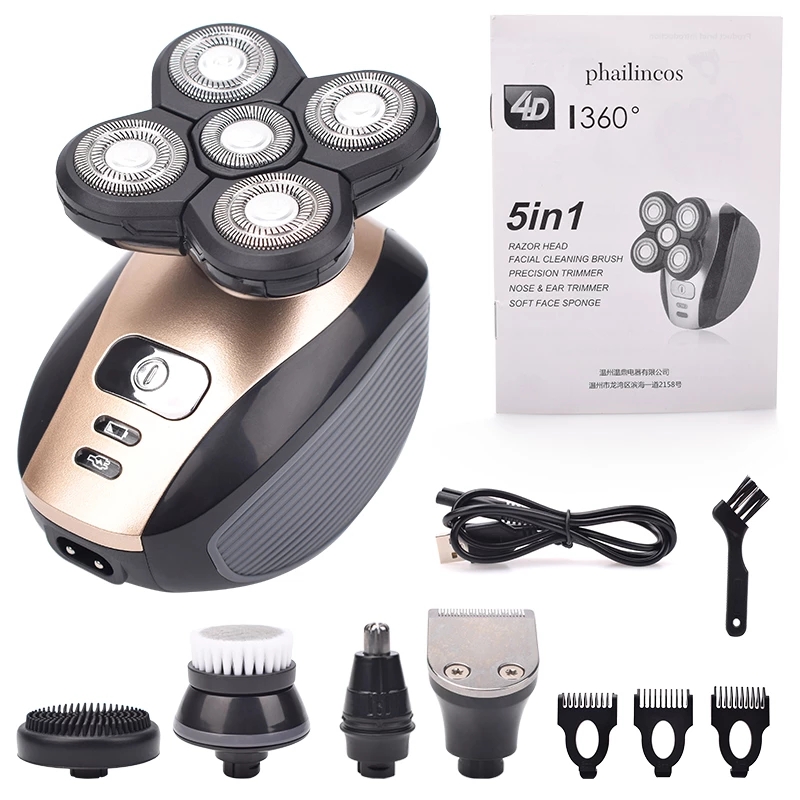 5 In 1 4D Men's Rechargeable Bald Head Electric Shaver 5 Floating Heads Beard Nose Ear Hair Trimmer Razor Clipper