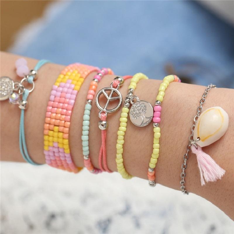 

7PCS Bracelet Women's Wax Thread Hand-Woven Shell Crystal Suit Tree Of Life Fashion Simple Wild Beach Style Party Accessories