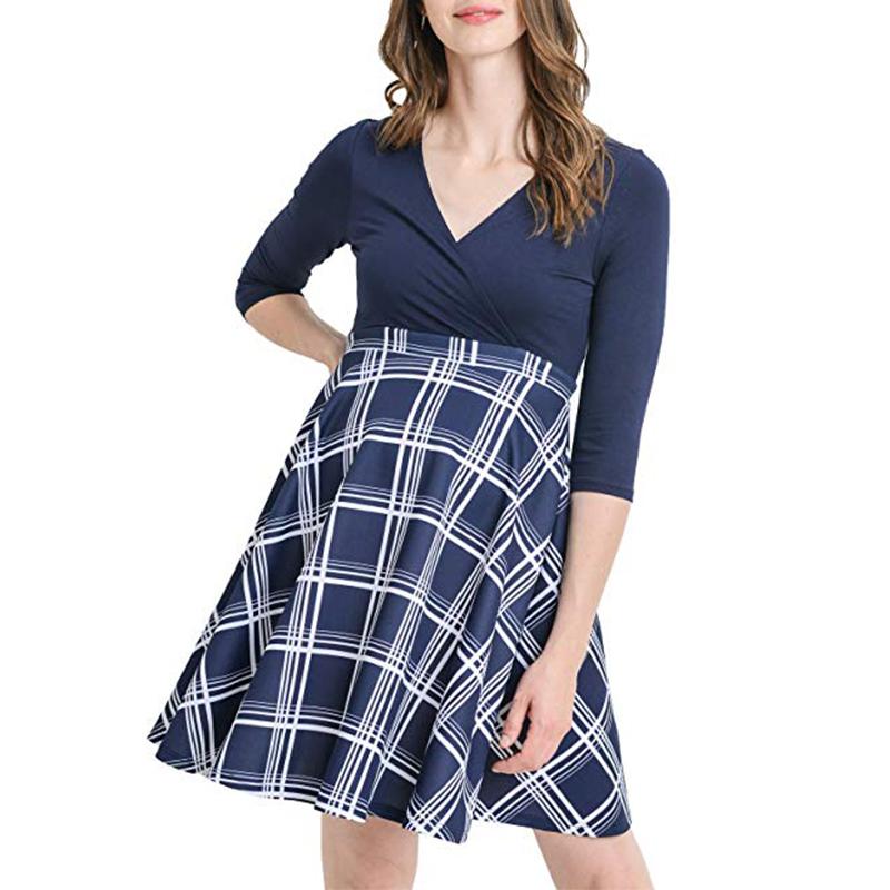 

V-neck printed maternity dress, nursing dress, Blue