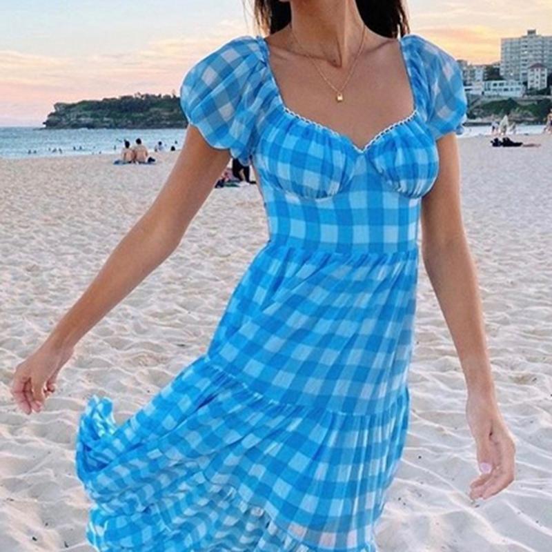 

Casual Dresses Hirigin Blue Plaid Hem Maxi Bodycon Dress Short Puff Sleeve Backless Lace-up Long Sexy Women Summer Beach Vacation Outfits