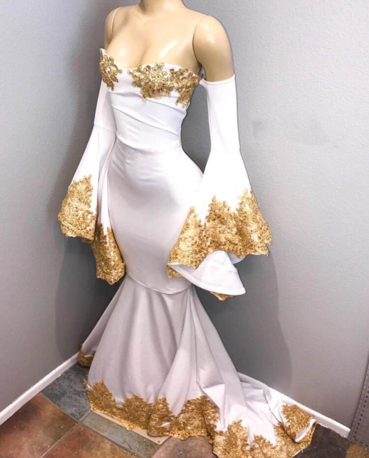 

Gold Lace Prom Dresses Mermaid Off the Shoulder Long Sleeves Formal Evening Gowns Cocktail Party Dresses Custom Size VOG343, Black