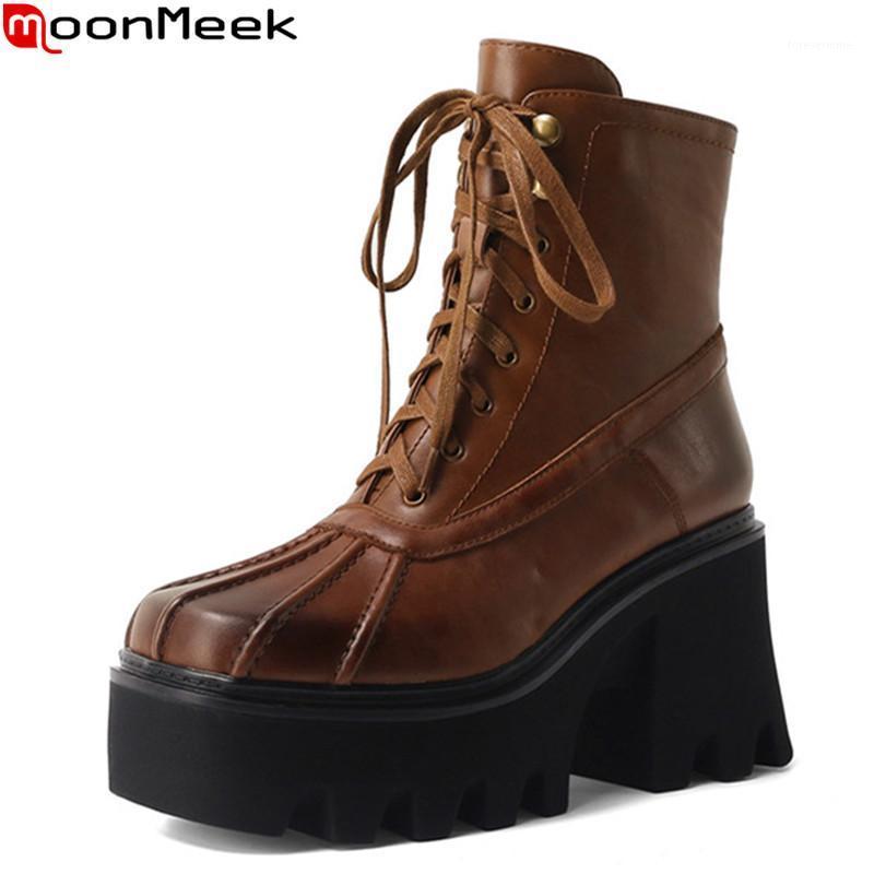

MoonMeek 2020 Genuine leather boots fashion platform high heels ladies shoes solid color lace up simple ankle boots women1, Black