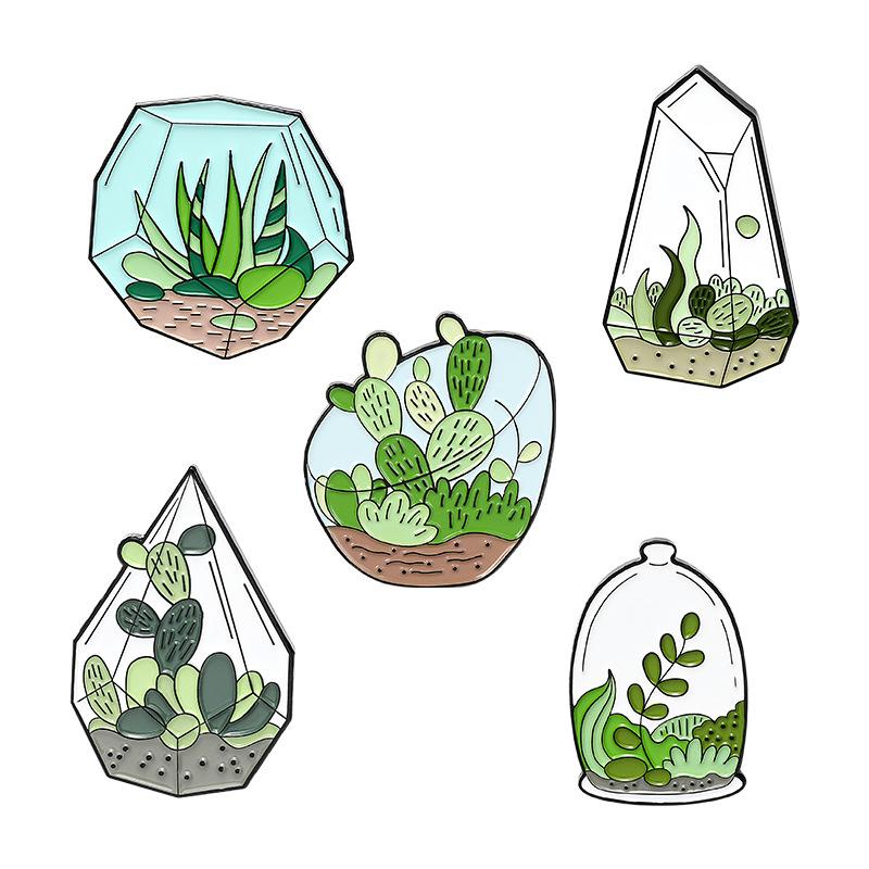 

Pins, Brooches Cartoon Badges Glass Closed Plant Pot Creative Cactus Aloe Green Enamel Pin Jewelry Lapel Accessories