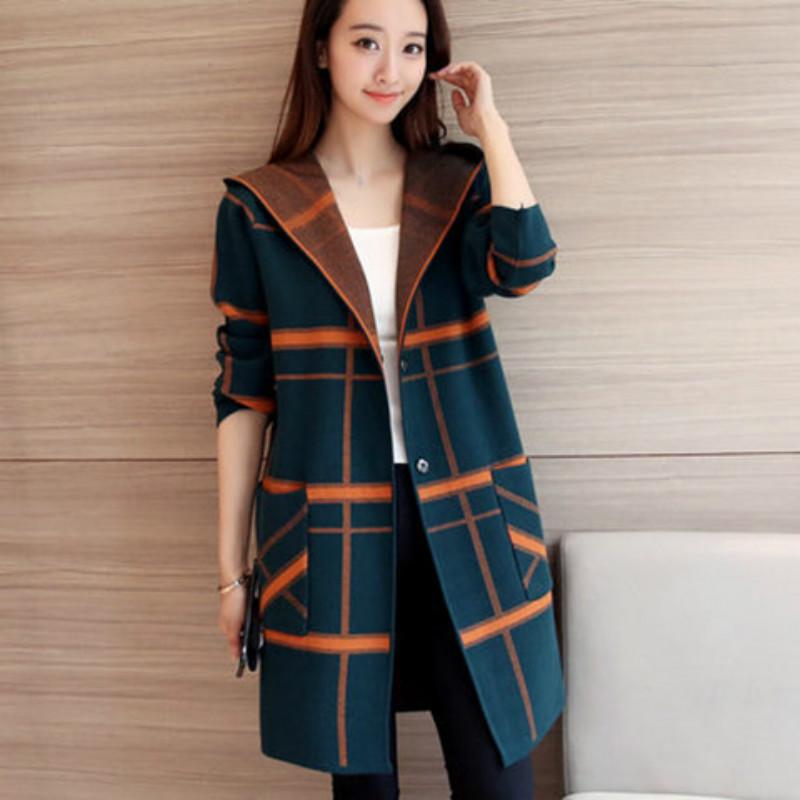 

Plaid Ladies Sweater Cardigan 2021 New Mid-length Knitted Jacket Women Spring and Autumn Outfits, Black
