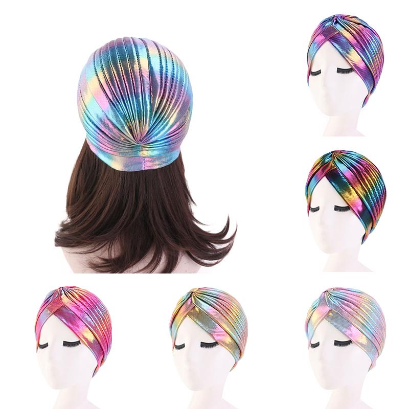 

Colorful New Women Laser Silky Ruffle Metallic Turban Hair Cover Accessories Caps Bonnet Salon Hat Turban Headwrap, Gold