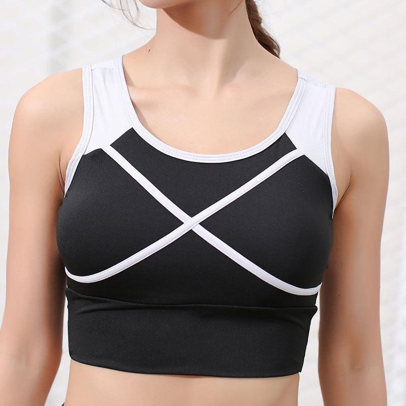 

Hot Sports Women' Fitness Running Exercise Stitching Quick-Drying Gather Crop Top Shockproof Bra Sports Bra Yoga Vest Style New1, Black