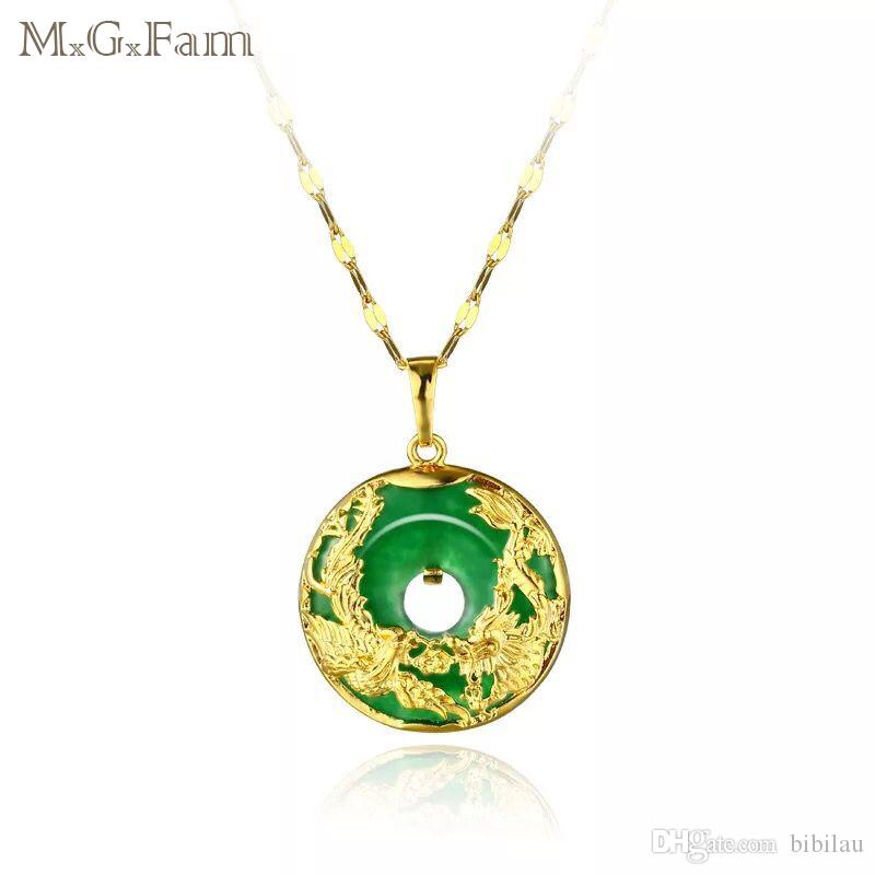 

MGFam (173P) Dragon and Phoenix Pendant Necklace For Women Green Malaysian Jade China Ancient Mascot 24k Gold Plated with 45cm Chain, Silver