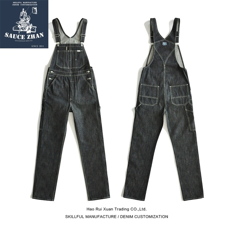 

SauceZhan BD01 Bib Vintage Torn Selvedge Raw Denim Overalls for suspender Men Blue jeans 201111