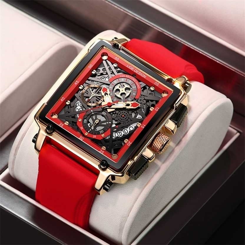 

LIGE Men Watches Top Brand Luxury Hollow Square Sport Watch For Fashion Silicone Strap Waterproof Quartz WristWatch 220124, Gold red