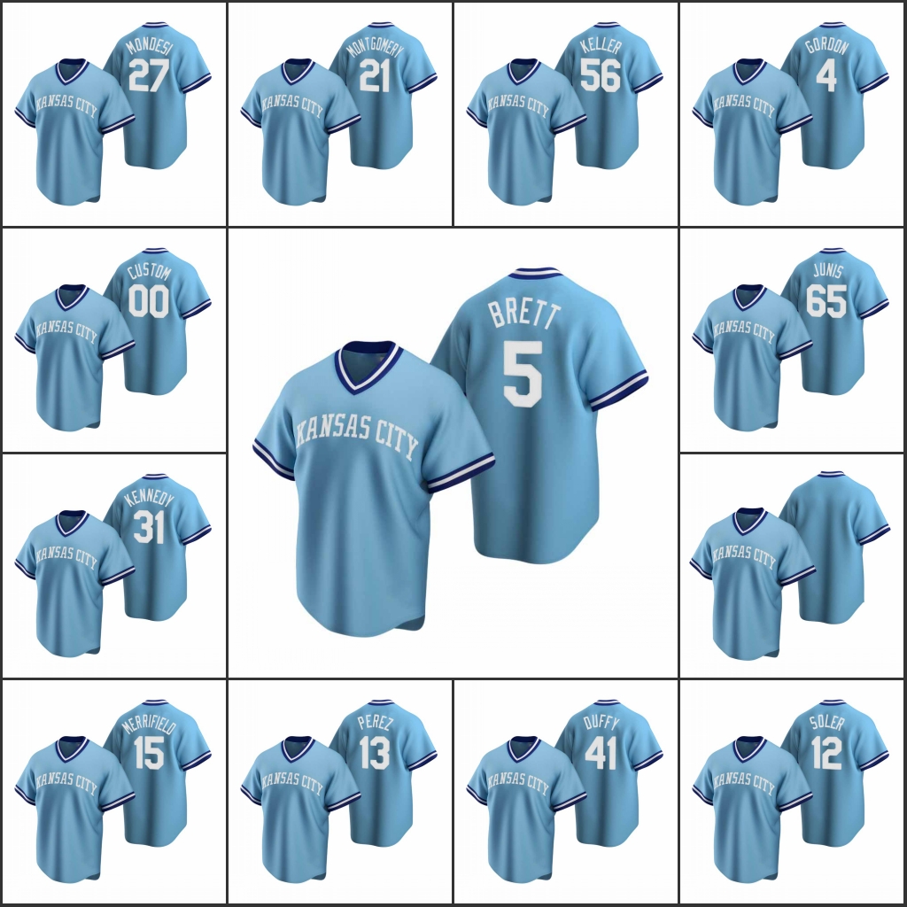 

Kansas City Royals Men #5 George Brett 13 Salvador Perez 41 Danny Duffy Women Youth Custom Cooperstown Collection Road Jersey, Black