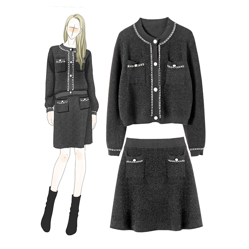 

2020 Fall Long Sleeve Black Mohair Knitted Single-Breasted Cardigans Sweater + Pockets Knee-Length Skirt Two Piece 2 Pieces Set NN182011118, White