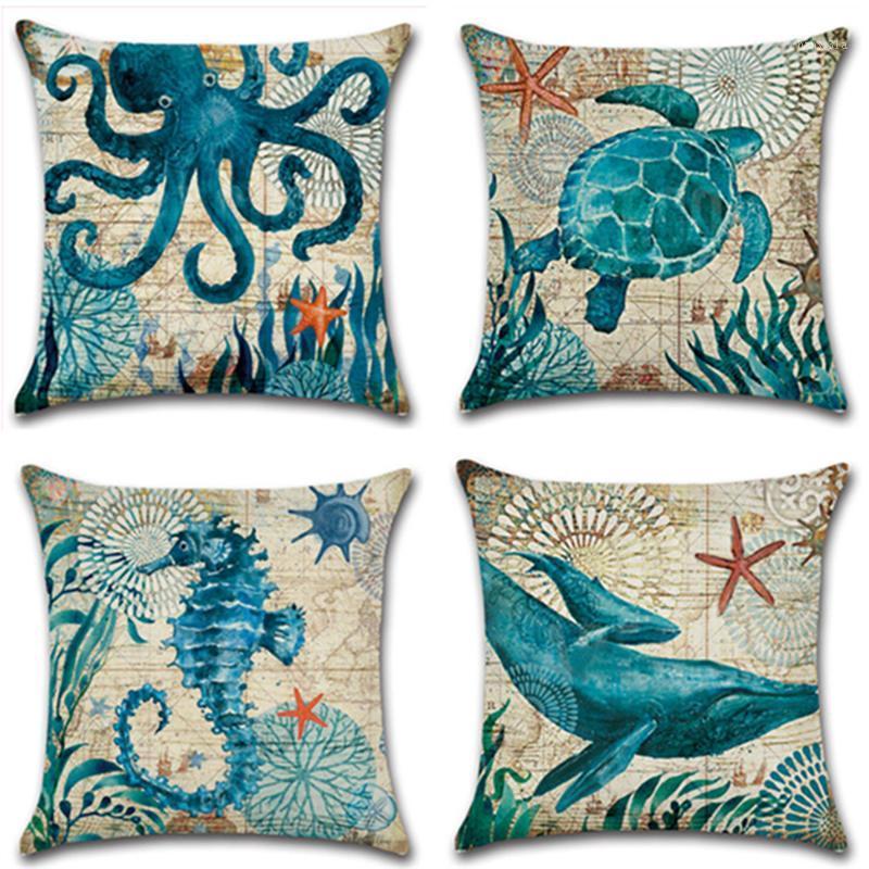 

Seahorse Sea Turtle Light Blue Ocean Cushion Cover Hand Painted Pillowcase Chic Decorative Cushion For Sofa Simple Throw Pillows1