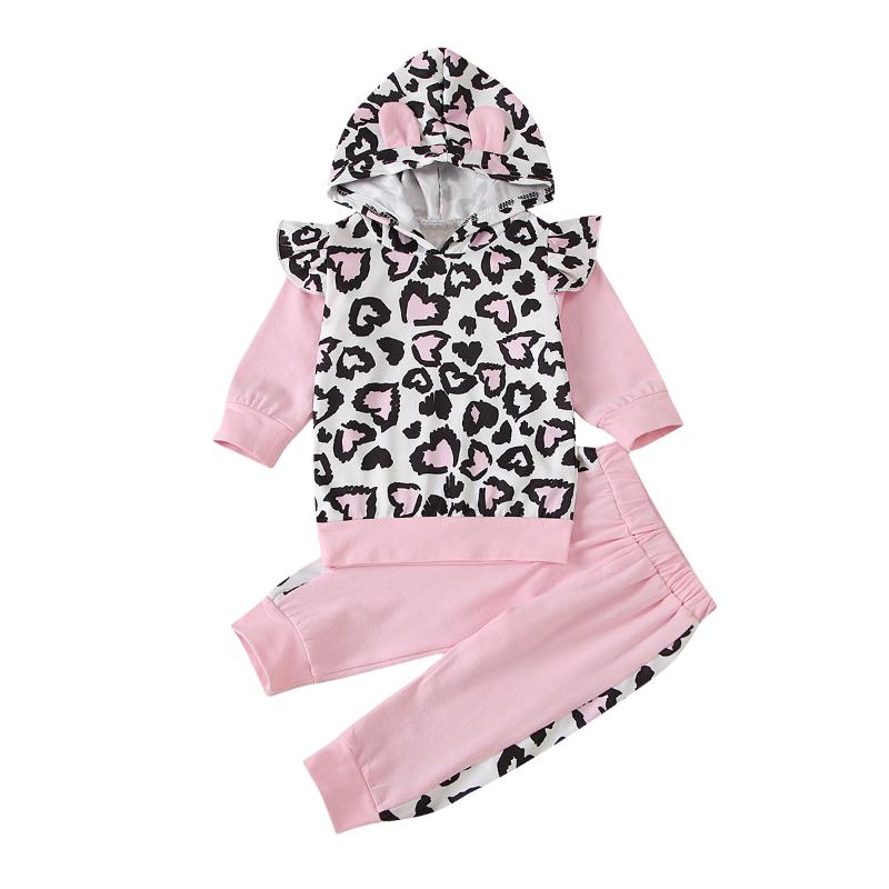 

Girls Baby Fall Two-piece Clothes Set Cute Fashion Pink Leopard Printed Pattern Hooded Pullover Tops + Long Pants 1-6 Years, As pic