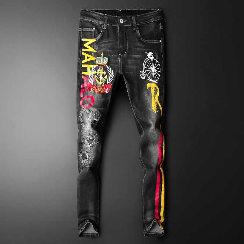 

2021 Thin Denim Pants From the Vintage Jean Sexy Hole for Men Patched Up Impression Elastic Male Leisure Time Jeans B29i, The shown in figure