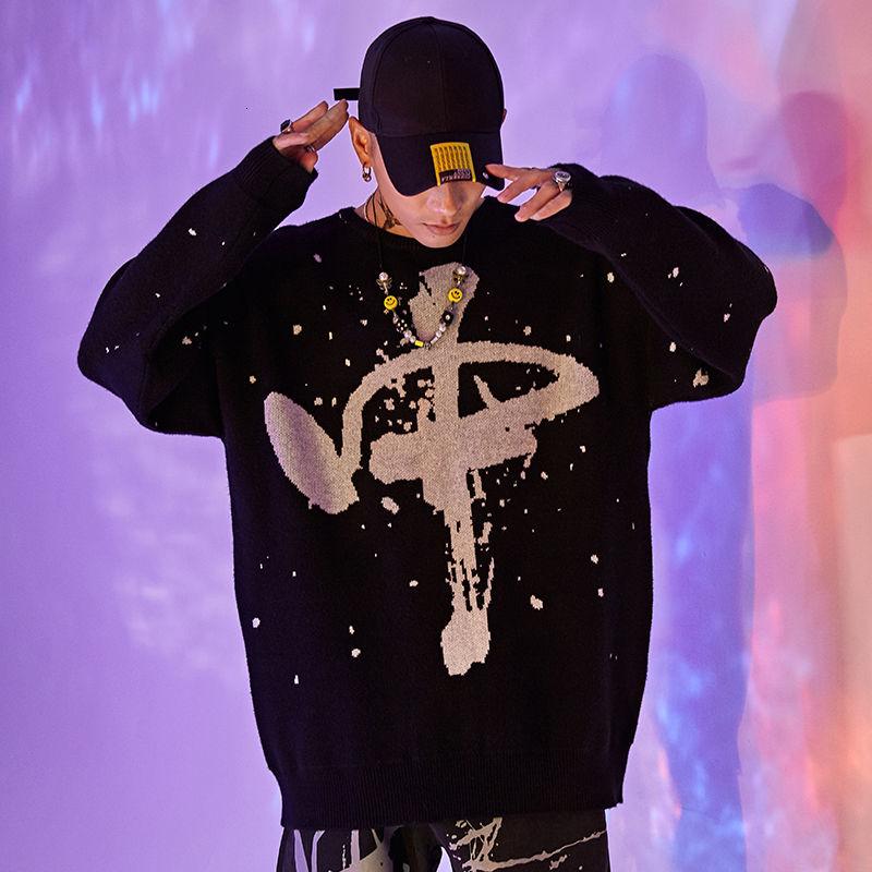 

Sweater Men's Tide Autumn Winter Loose Lazy Round Neck Sweater Printing Ink Chinese Pullovers Street Fashion Street Shooting, Black