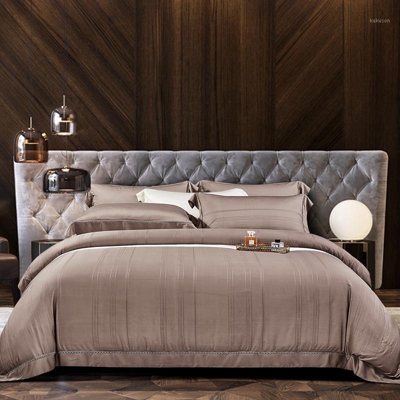 

New Luxury jacquard tencel Bedding Set Queen King size Bed sheet set stripe Duvet cover pillowcase parure de lit adulte1