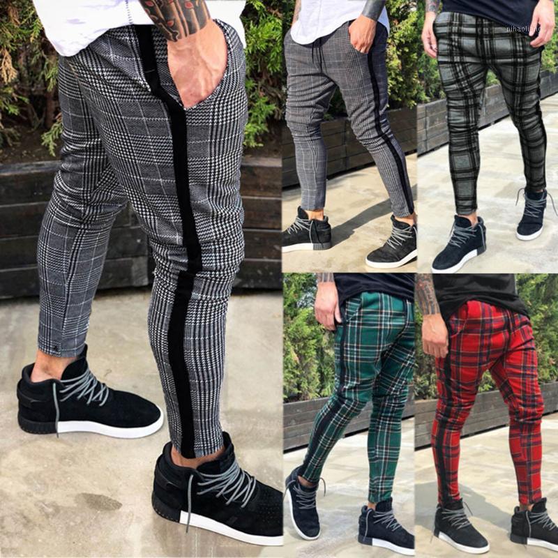 

1PC Pants Men Long Casual Straight Sport Pants Slim Fit Plaid Trousers Running Joggers Plaid Sweatpants M09091, Gray