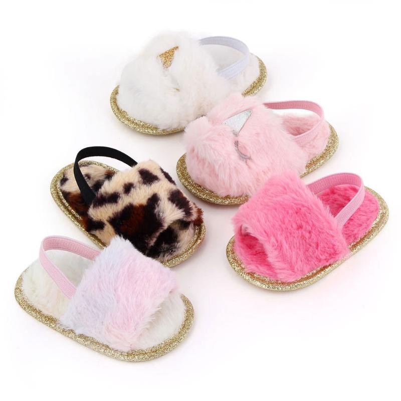 

Infant Baby Girls Plush Sandals Soft Sole Faux Fur Flats Toddler Prewalker Slippers with Elastic Back Strap