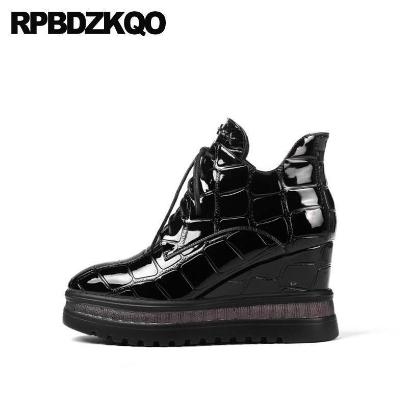 

shoes high heel women plus size black booties patent leather genuine wedge big platform front lace up casual ankle boots autumn