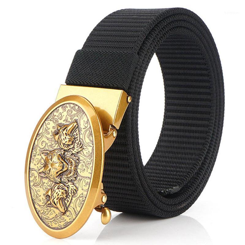 

Men Belt Good Quality Fasion Nylon Belt Wolf Pattern Alloy Buckle Belts for men Casual Gold Automaitc1, Black