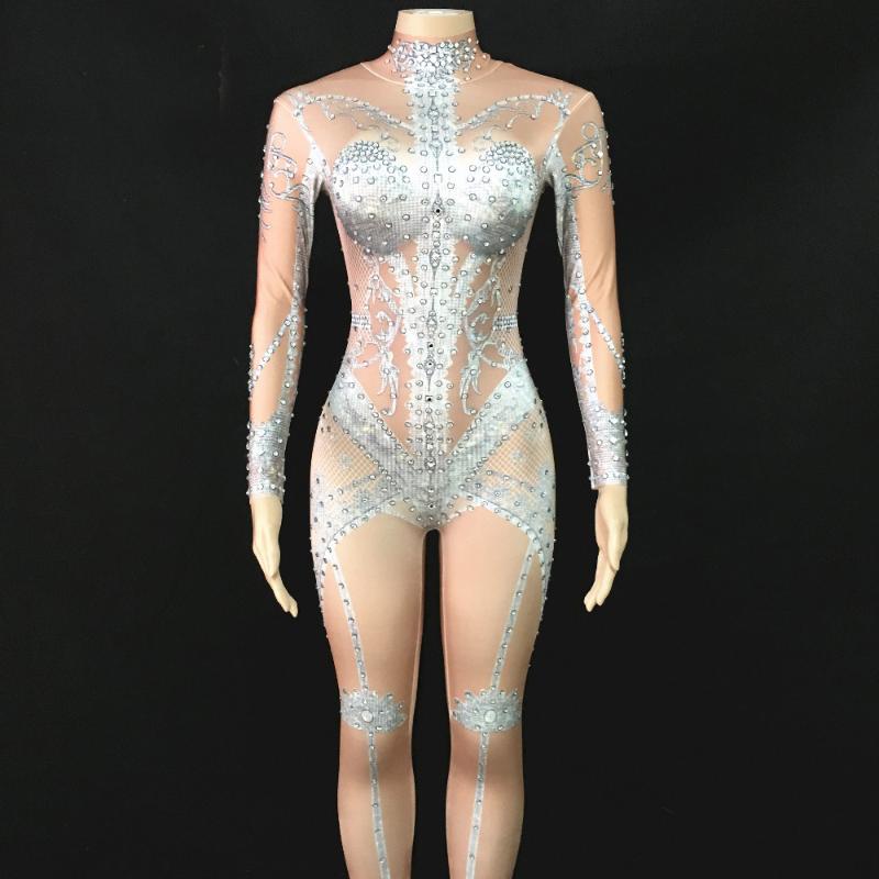

Sparkly Silver Rhinestones Stretch Nude Jumpsuit Birthday Celebrate Outfit Evening Wear Female Singer Show Bodysuit Leggings