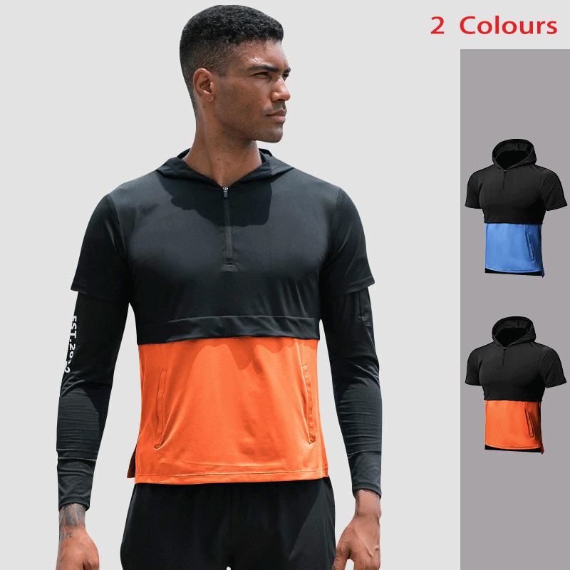 

Lovmove Long Sleeve Compression Loose Zipper Shirt Running Hoodie Fake Two Quick Dry Clothes Male Sport Athletic Clothing, Bl