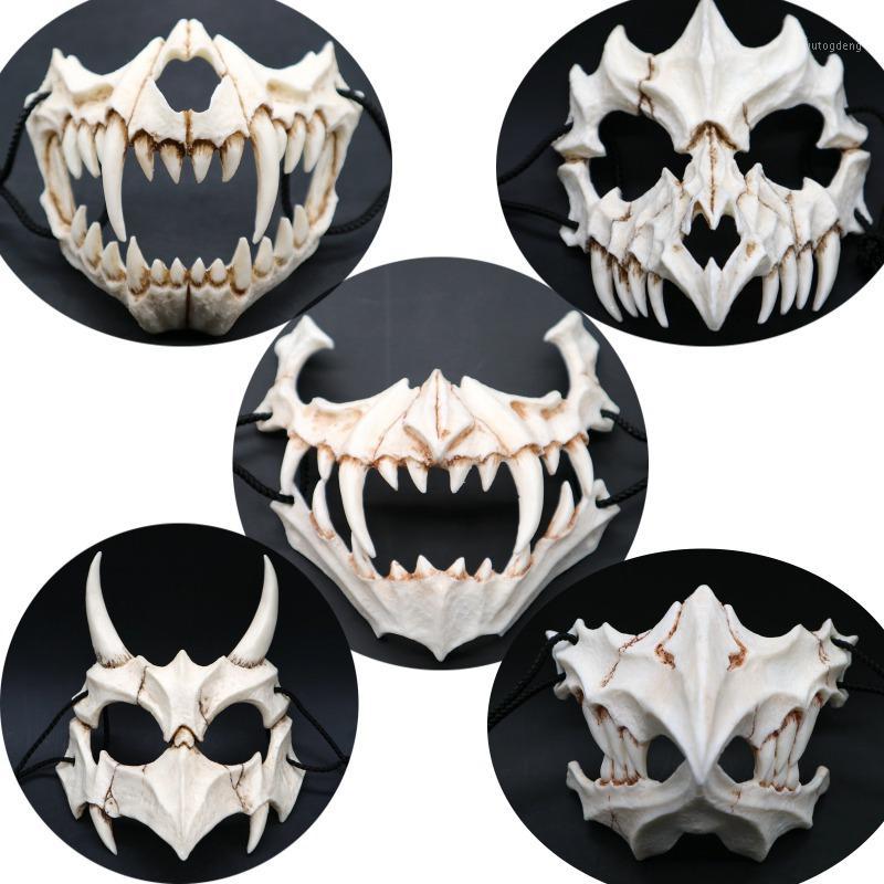 

Halloween Half Animal Mask White Bone Mask Tengu Dragon Yaksa Tiger Resin Cosplay Long Teeth Demon Samurai Resin Cos1
