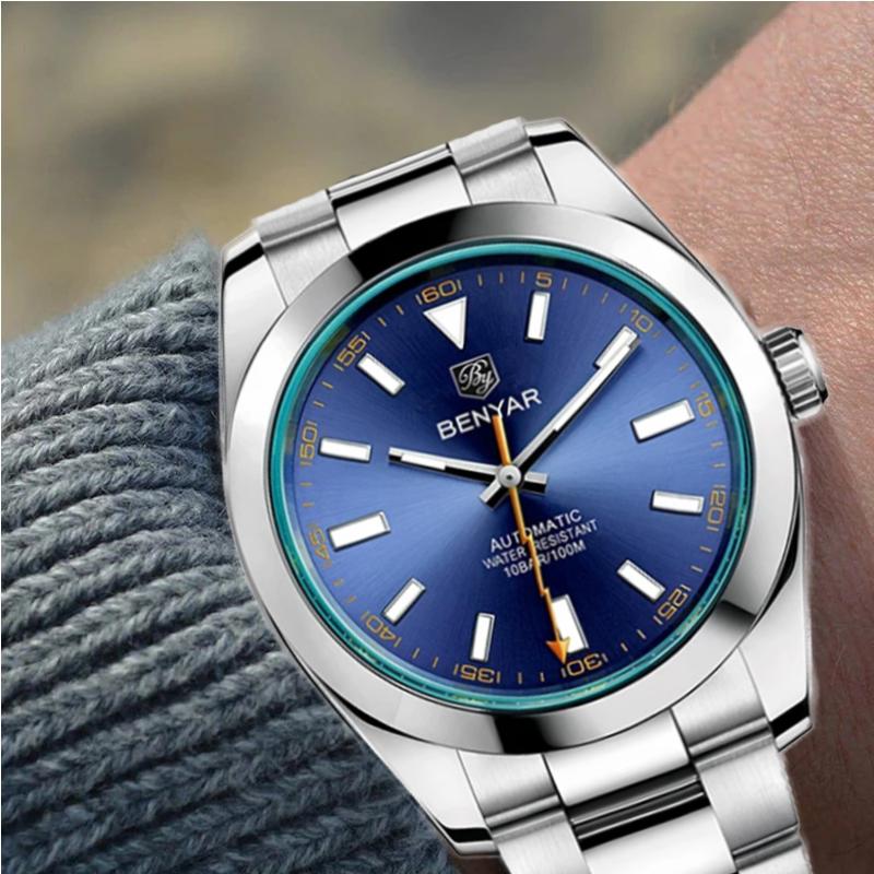 

Wristwatches BENYAR Men Mechanical Stainless Steel Waterproof Sports Watches Business Factory Drop Outlet BY-5176M, Blue