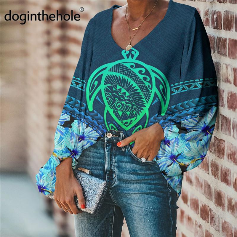 

Women' Blouses & Shirts Doginthehole Hawaii Honu Print Women Stylish Chiffon Blouse Plus Size Casual Loose Tops Polynesian Lady Sexy V-Neck, Htbe017b2
