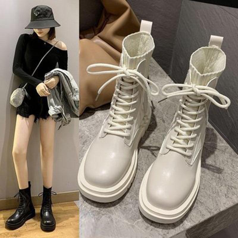 

Boots Women's Chunky Platform Motorcycle Boots Autumn Winter 2021 Lace Up Elastic Knitting Ankle Shoes Woman Short Botas, Beige