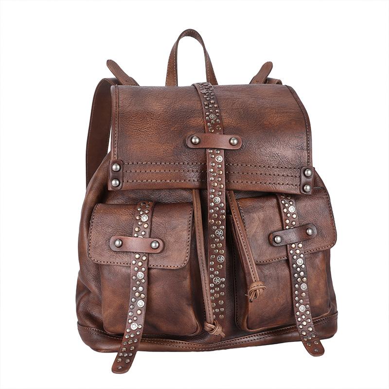 

2021 new retro head layer soft leather backpack female handmade large-capacity leather casual rivet travel backpack, Brown