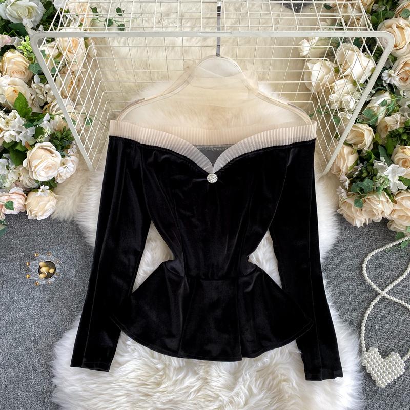 

blouse women 2020 Autumn korean fashion clothing Blouse vintage elegant party mesh long sleeve sexy top black velvet shirt