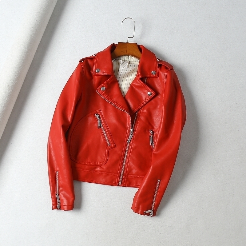 

Women 2021 New Women's Leather Jackets Long Spring Biker High Streetwear Red Jacket QUWS, Black