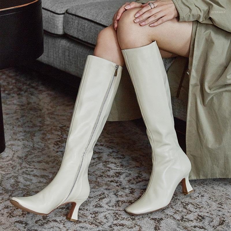 

New 2021 Fashion Retro Woman Knee High Boots Shoes Genuine Leather High Heels Casual Zip Dress Party Long Boots For Woman 34-401, Beige