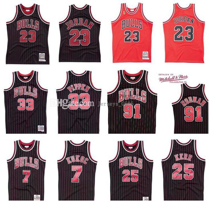 

Men Chicago Bulls 23 Michael 91 Rodman 33 Pippen 25 kerr 7 abc Kukoc Mitchell & Ness 1995-96 Hardwoods Classics Authentic Jersey, Black;red
