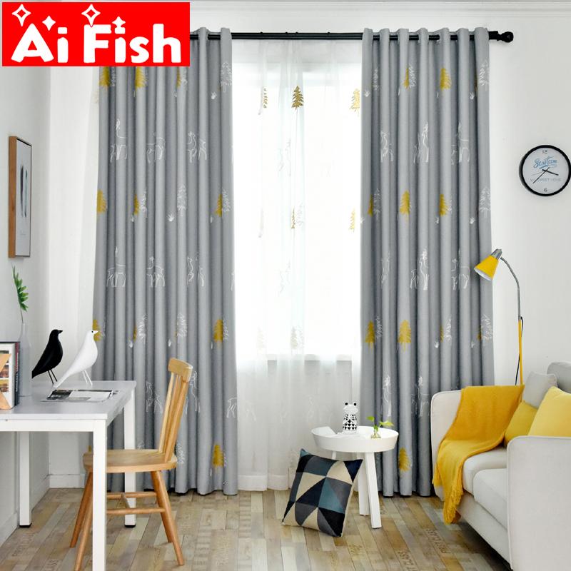 

Nordic Embroidered Forest White Deer Blackout Curtains For Living Room Christmas Tree Home Window Curtain Fabric wp168#40, Tulle
