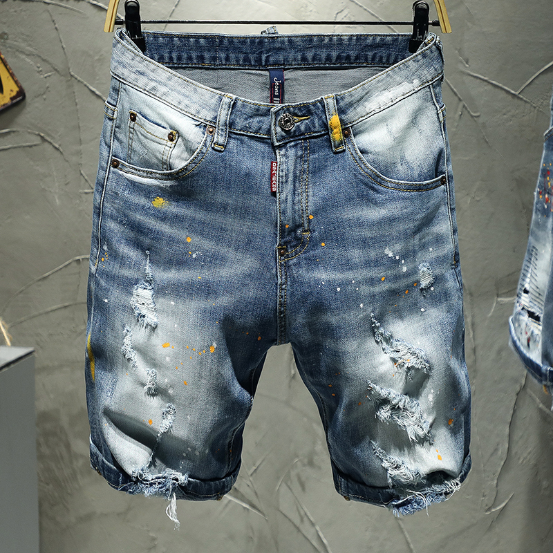 

2021 New Men's Ripped Jeans for Thin Blue Men Five Short Male Paint Pants Summer Hip Streetwear V3KE