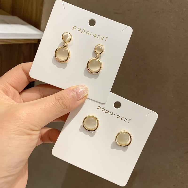 

HHSPPF XY New Arrival High-grade Imitation Opal Small Earrings Korean Simple Retro Geometric Round Metal Women's Jewelry
