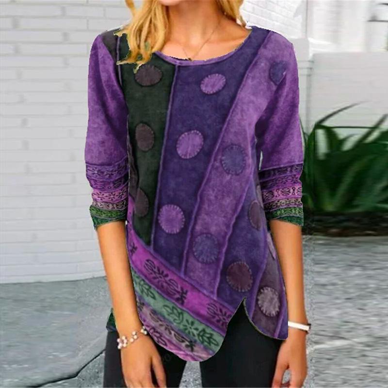

Retro Printed Side Button Irregular Shirt 2021 Spring Elegant O-Neck Patchwork Top Long Sleeve Women Blouses Pullover, Style5