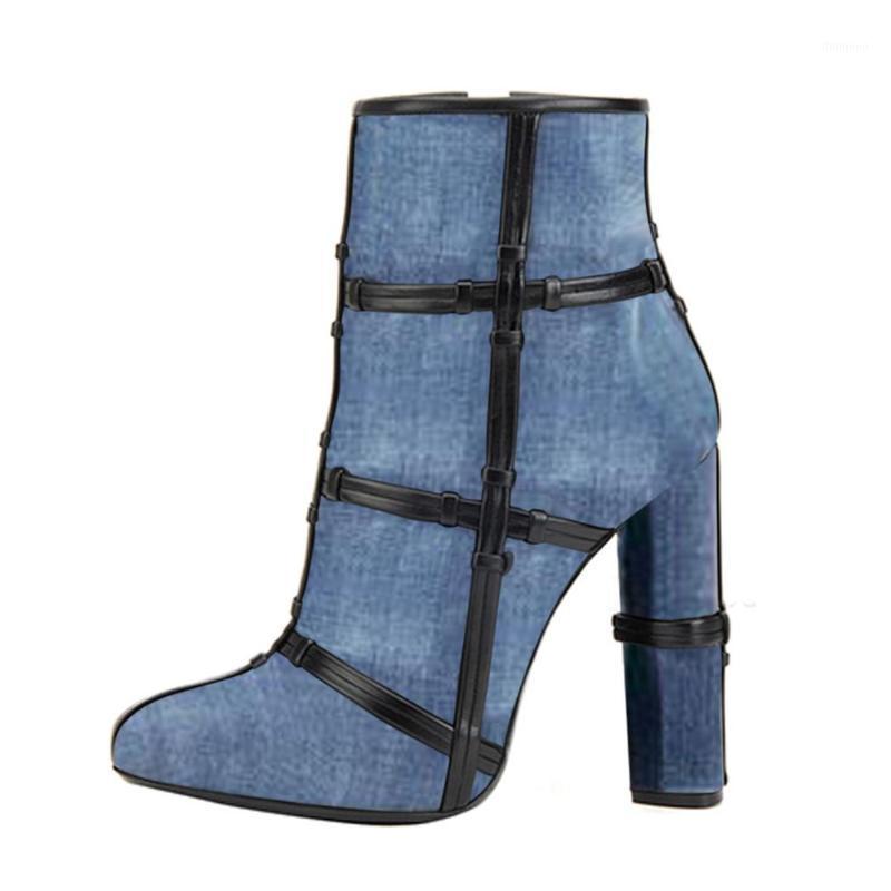 

Denim Round Toe Booties Block Heel Zipper Sewing Thread Winter Spring Autumn Ankle Boots Blue Black Runway Dress Shoes1
