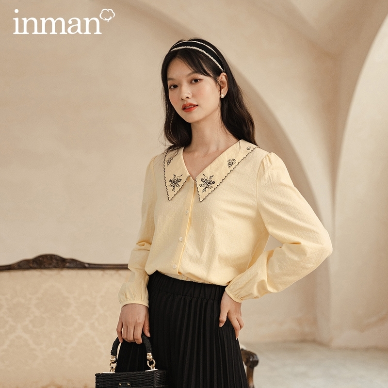 

INMAN Autumn New Arrival Embroidered Peter pan Collared Long sleeve Blouse Cute Literary Retro Blouse 201201, Yellow