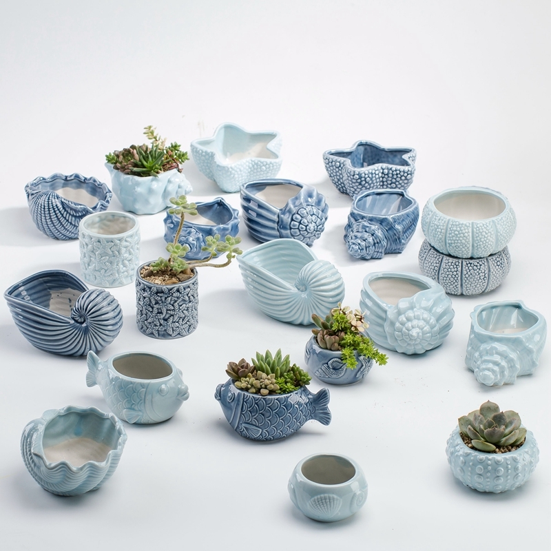 

Blue Ocean Series Fleshy Flowerpot Vase European Style Shell Fish Shape Ceramic Bonsai Plant Pots Succulents Planter for Desktop Q1125