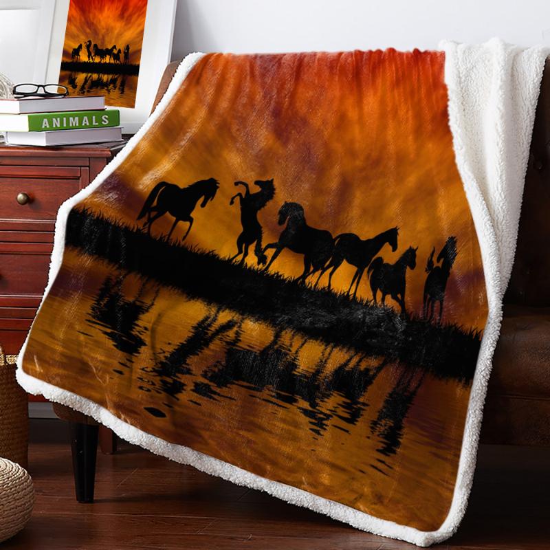 

Horses Sunset Lake Scenery Throw Blanket Bedspread Coverlet Soft Warm Fleece Blanket Christmas Decor Blankets for Beds