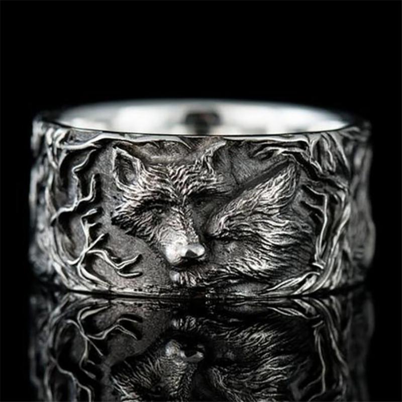 

Wedding Rings Vintage Silver Plated Wolf Ring Punk Style Animal Head Men Women Band Anniversary Finger Couple Jewelry