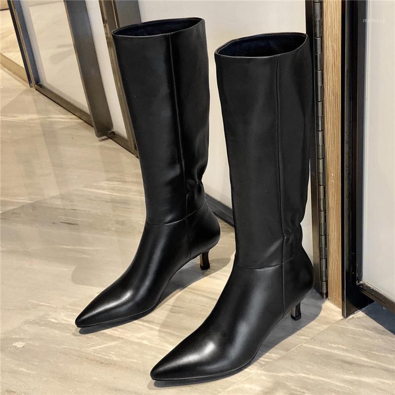 

2020 Autumn Winter Fashion Net Red Folds AllMatch Boots Leather Stiletto Pointed Toe Mid-Heel Keep Warm High Boots Women's Shoes1, Black