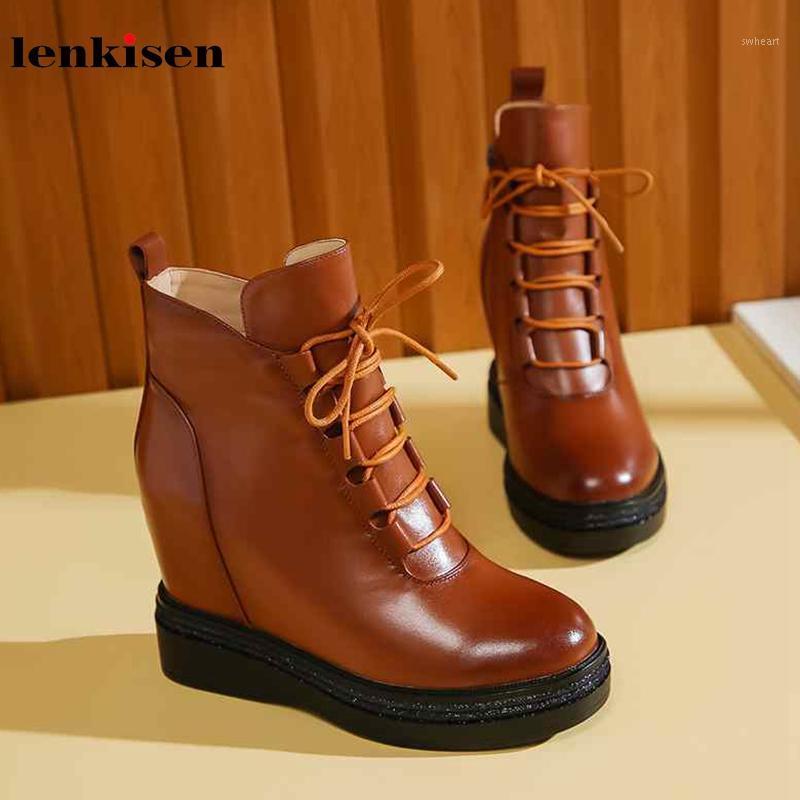 

Lenkisen genuine leather round toe leisure style thick bottom lace up super high heels winter keep warm women ankle boots L101, Beige