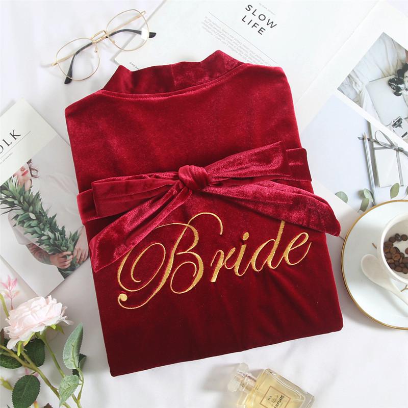 

Bride Wedding Print Letter 2PCS Robe Gown Sets Sexy Velour Lady Nightdress Lingerie Bathrobe Autumn Winter New Lounge Homewear, Red 1-pcs