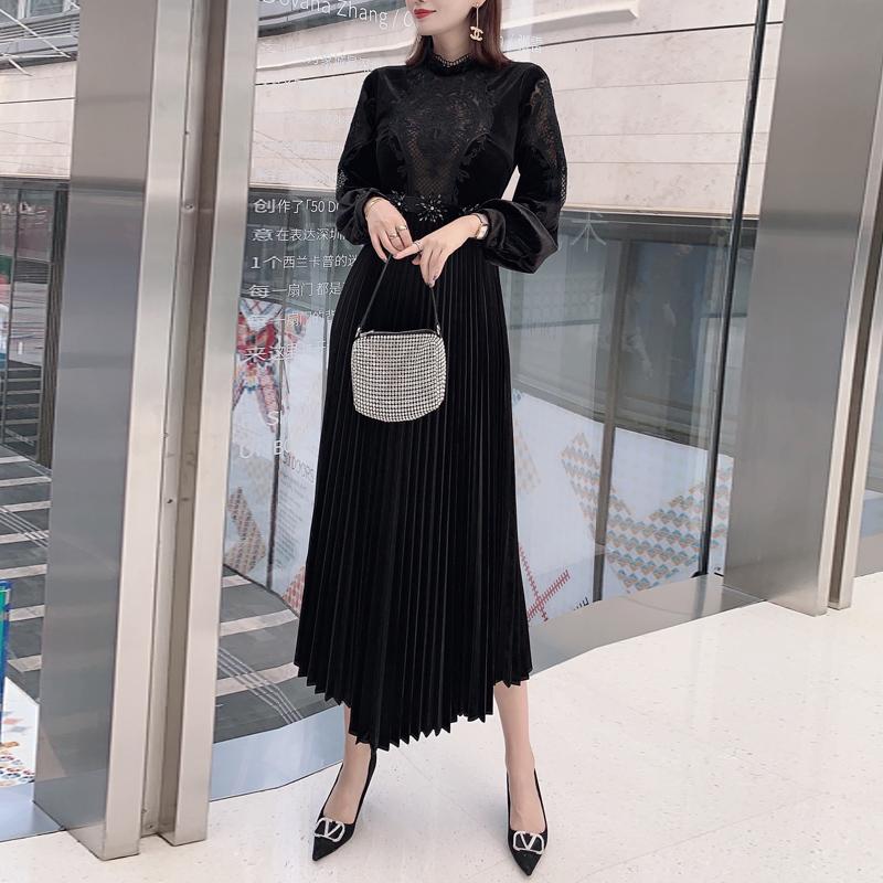 

Long Dress Designer Autumn New Women' Fashion Vintage Casual Crystal Appliques Belt Slim Lace Stitching Black Velvet Dresses