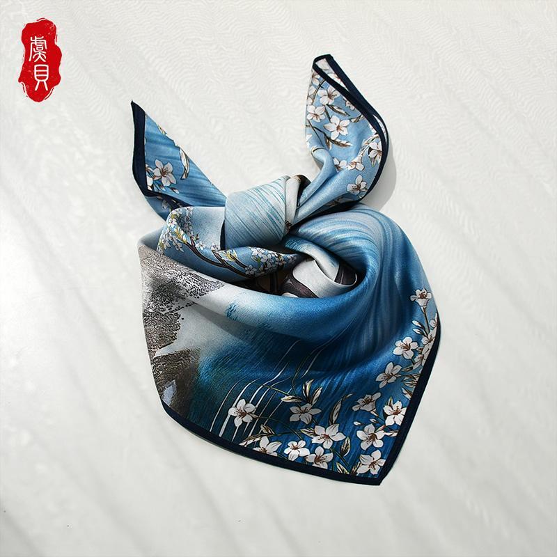 

lake blue natural silk scarf for women printed flower 100% real silk scarves small 50cm square soft handkerchief gift for lady1