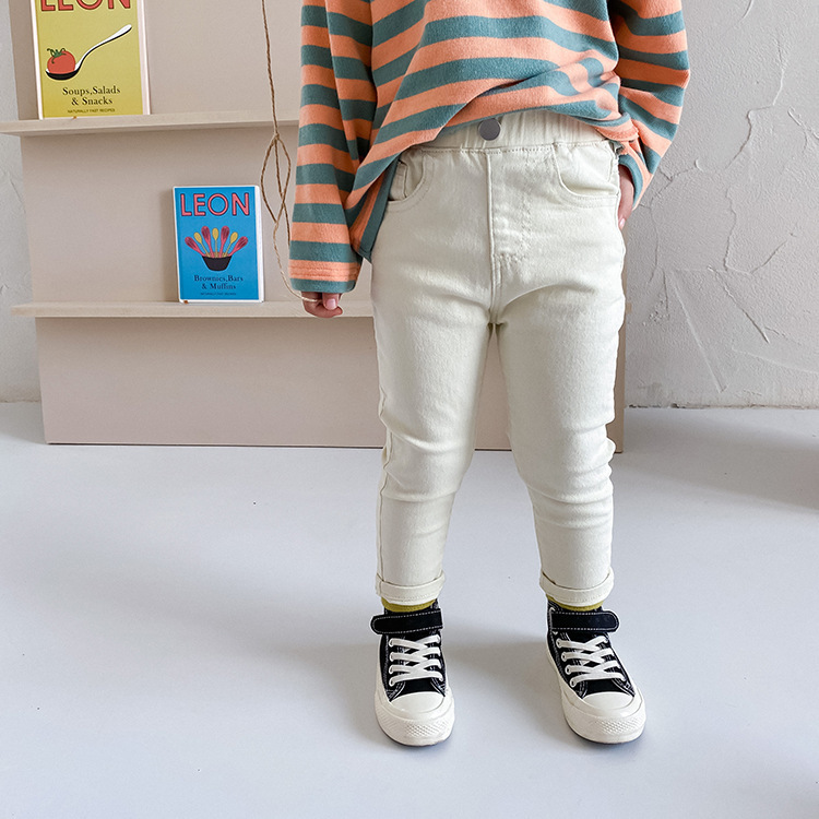 

Autumn baby girls solid color skinny casual pants Kids high elastic cotton pencil trousers LJ201019, White